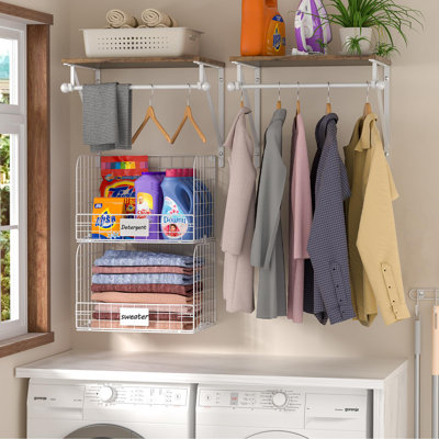 2 Set Laundry Room Shelves Wall Mounted With Wire Storage Baskets, Over Washer And Dryer Shelves With Hanging Rods And Hooks