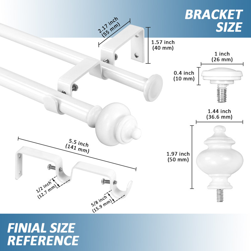 Tringle à rideaux double réglable Platteville, H 0,625 po x l 84 po x P 0,625 po, Blanc lustré