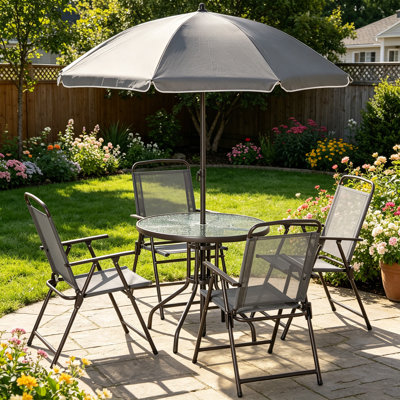 Ensemble bistro de patio 6 pièces avec 4 chaises pliantes, une table ronde en verre et un grand parasol extérieur