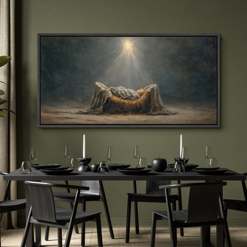 «Heavenly Natility Baby in Manger Under Guider Light», reproduction d'art sur toile encadrée, H 30 po x l 60 po, Noir