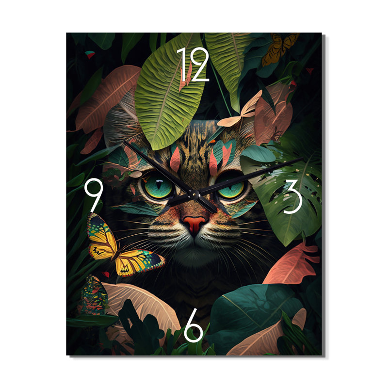 Horloge murale moderne avec un chat mignon et un papillon dans la jungle, Moyen