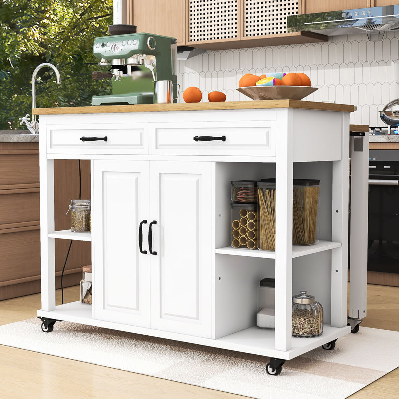 Extendable Kitchen Island with Integrated Power Outlets, 2 Drawers and Cabinet, White