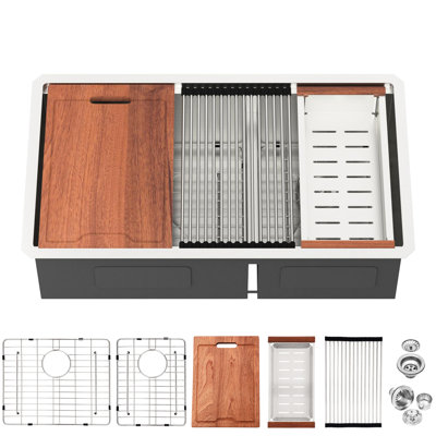 Double cuve, évier de cuisine encastrable, calibre 16, acier inoxydable T304, tablier avant, guide d'eau en forme de X, revêtement, patin, cloison inférieure intelligente, cuve en acier de calibre 32 po x 19 po x 10 po pour poste de travail
