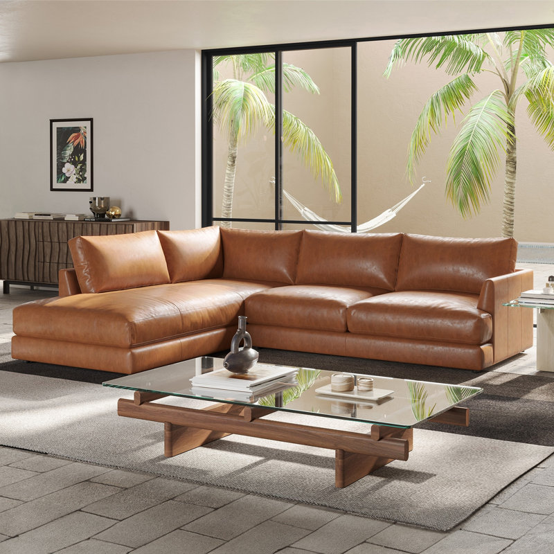 Leather 2-Piece Bumper Chaise Sectional Sofa, Cognac, Left Hand Facing