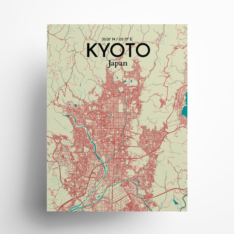 Kyoto City Map In Tricolour - No Frame Print, 24cm H x 18cm W x 0.05cm D