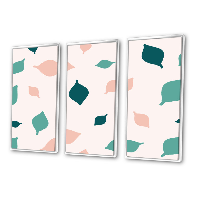 Abstrait vert clair et feuillage rose II - ensemble d'art moderne encadré sur toile Mid-Century, H 20 po x l 36 po x P 1 po