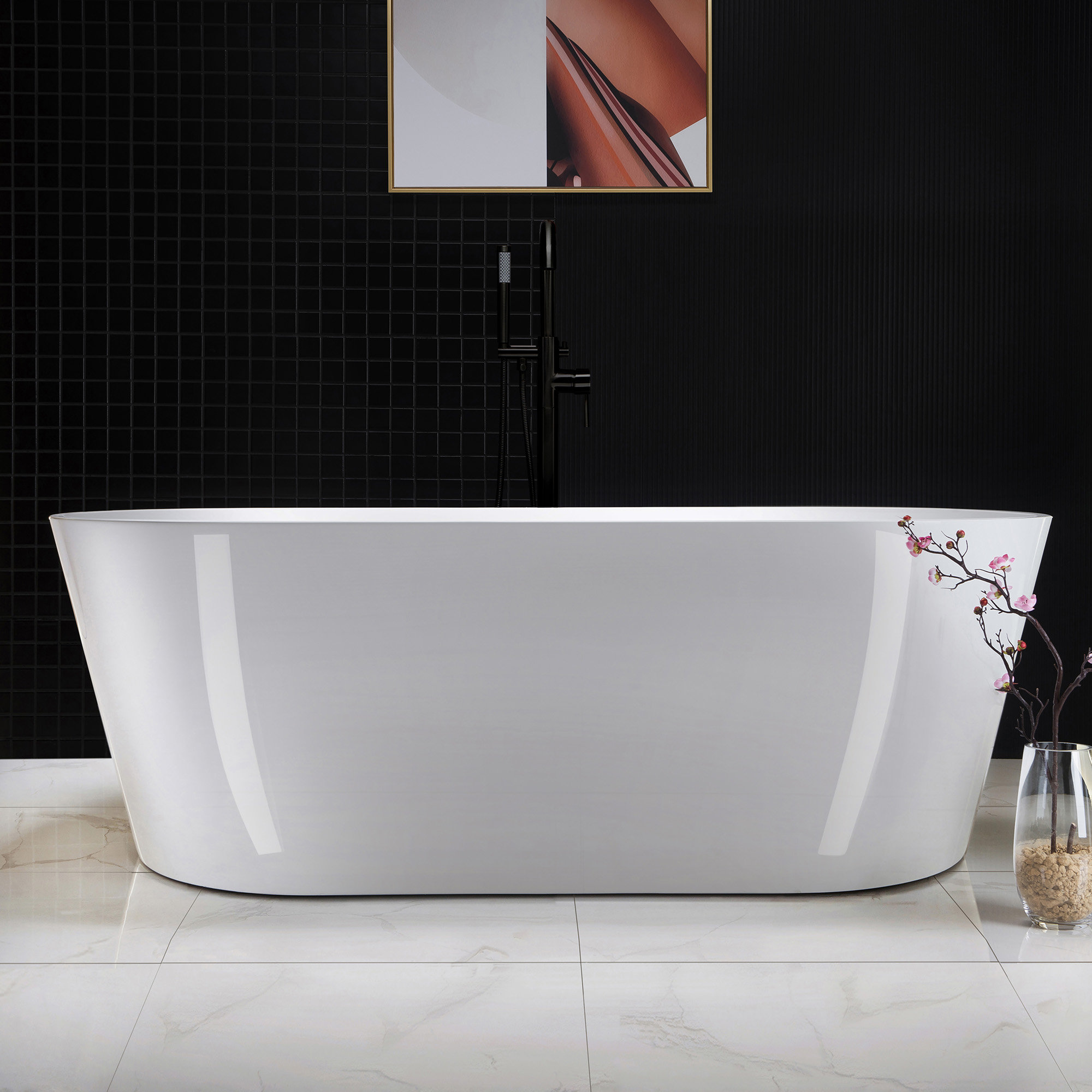 67" x 32" Freestanding Soaking Acrylic Bathtub, Matte Black, White