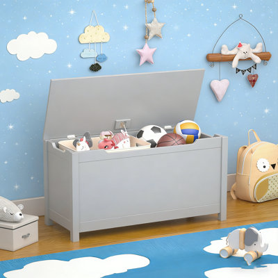 Kids Wooden Toy Box Storage with Safety Hinged Lid for Ages 2+ (White)