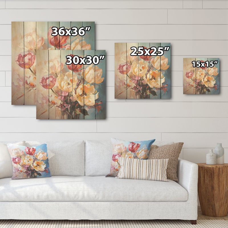Tulipes Bouquet Still Life I - Tulipes, panneau mural en bois sur bois de pin naturel, H 30 po x l 30 po
