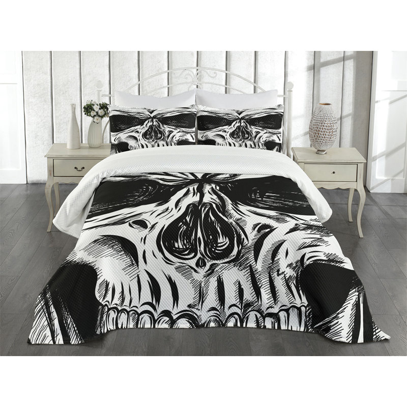Ambesonne Skull Bedspread Set Gothic Sketch Evil Face Black White, King Bedspread + 2 Standard Shams