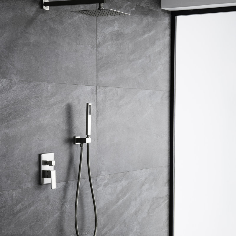 Dispositif de douche avec pomme de douche à effet de pluie de 10 po, nickel brossé, balance, 2 têtes, laiton massif, fixation murale noir mat et nickel, valve d'équilibre, fixation
