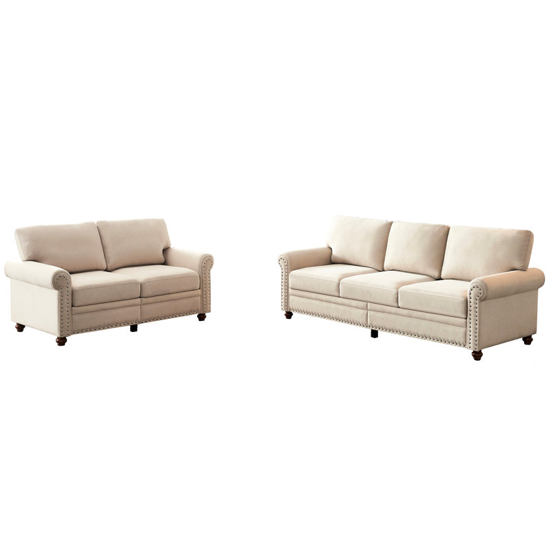 Canapé modulaire 2 + 3 recouvert de tissu de lin de couleur beige avec structure en bois massif et en métal, éponge et coussins confortables à haute élasticité, coussins de siège épais de 7 pouces de couleur beige