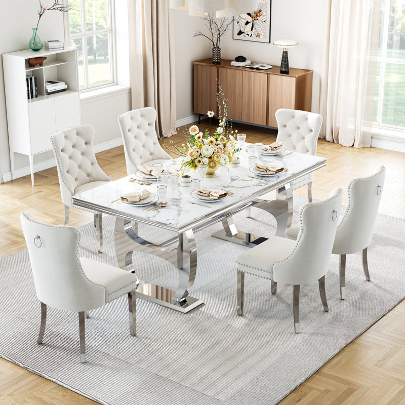 69" Faux Marble Dining Set Of 7, Stainless Steel H-Frame Table & Velvet Tufted Seating With Ring Pulls, White/Silver, Silver