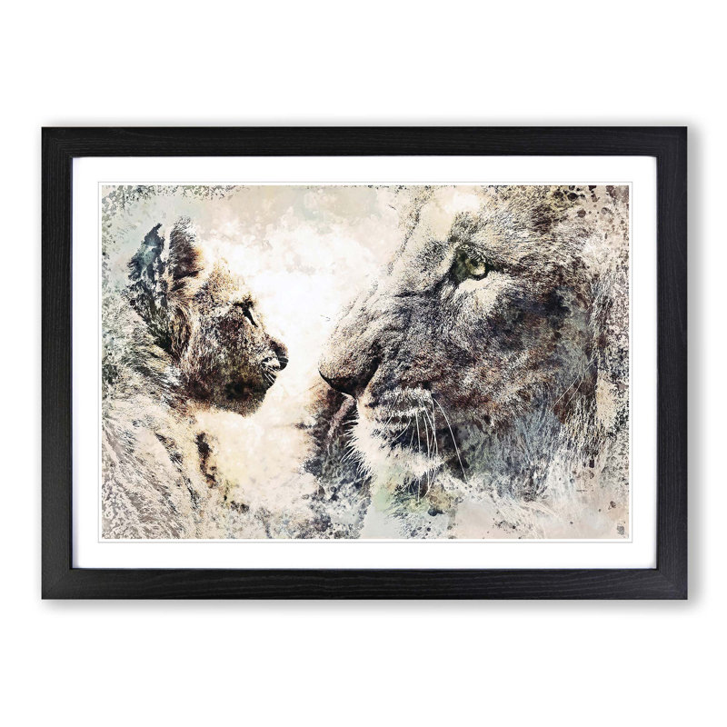 Lion Cub with Its Mother in Abstract - Picture Frame Painting Print on MDF, 36cm H x 48cm W x 2cm D, Black Framed