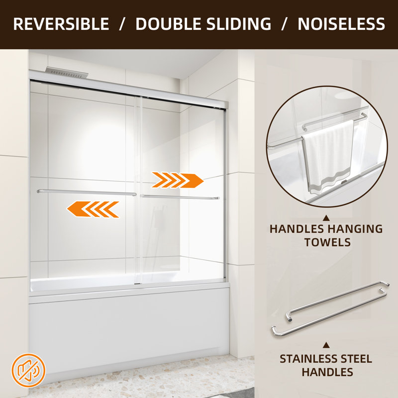 Porte de baignoire coulissante double en verre trempé transparent l 56 à 60 po x H 58 po H, Chrome chrome