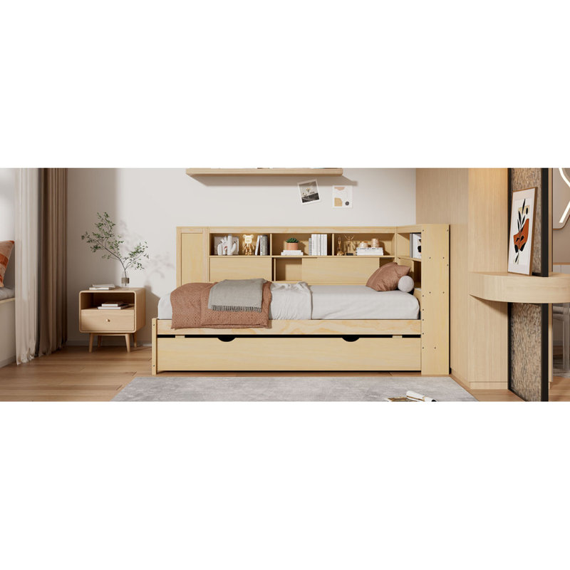 Lit de jour en bois luxueux avec rangement et port USB, améliorant le confort de la chambre à coucher, Naturel