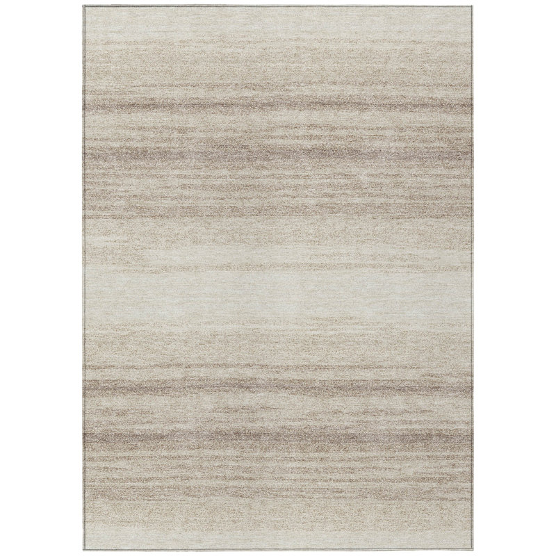 3' X 5' Ivory And Beige Striped Washable Indoor Outdoor Area Rug