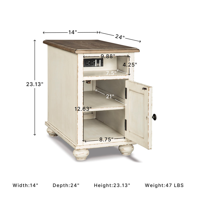 Heraldas End Table and Built-In Outlets, Brown Top/Antiqued White Base