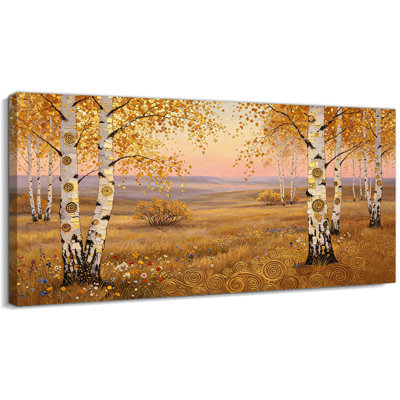 Grand art mural en toile de bouleau, art d'automne doré, paysage de tremble, paysage pour chambre à coucher, œuvre d'art tendue prête à être accrochée pour un canapé, un lit ou un vestibule, toile tendue avec cadre en pin, 58 po x 28 po