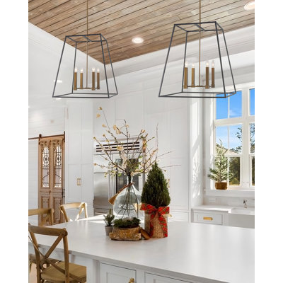 4 Light Large Open Frame Foyer Lantern in Transitional, Industrial Style Geometric Chandelier
