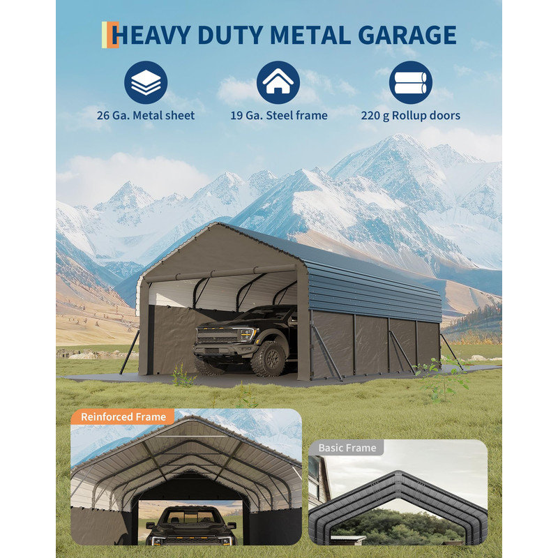 12' x 20' x 9' Enclosed Metal Carport with Heavy Duty Tarp - Durable Weatherproof Steel Frame for Full-Size Vehicles, Boats & Tractors