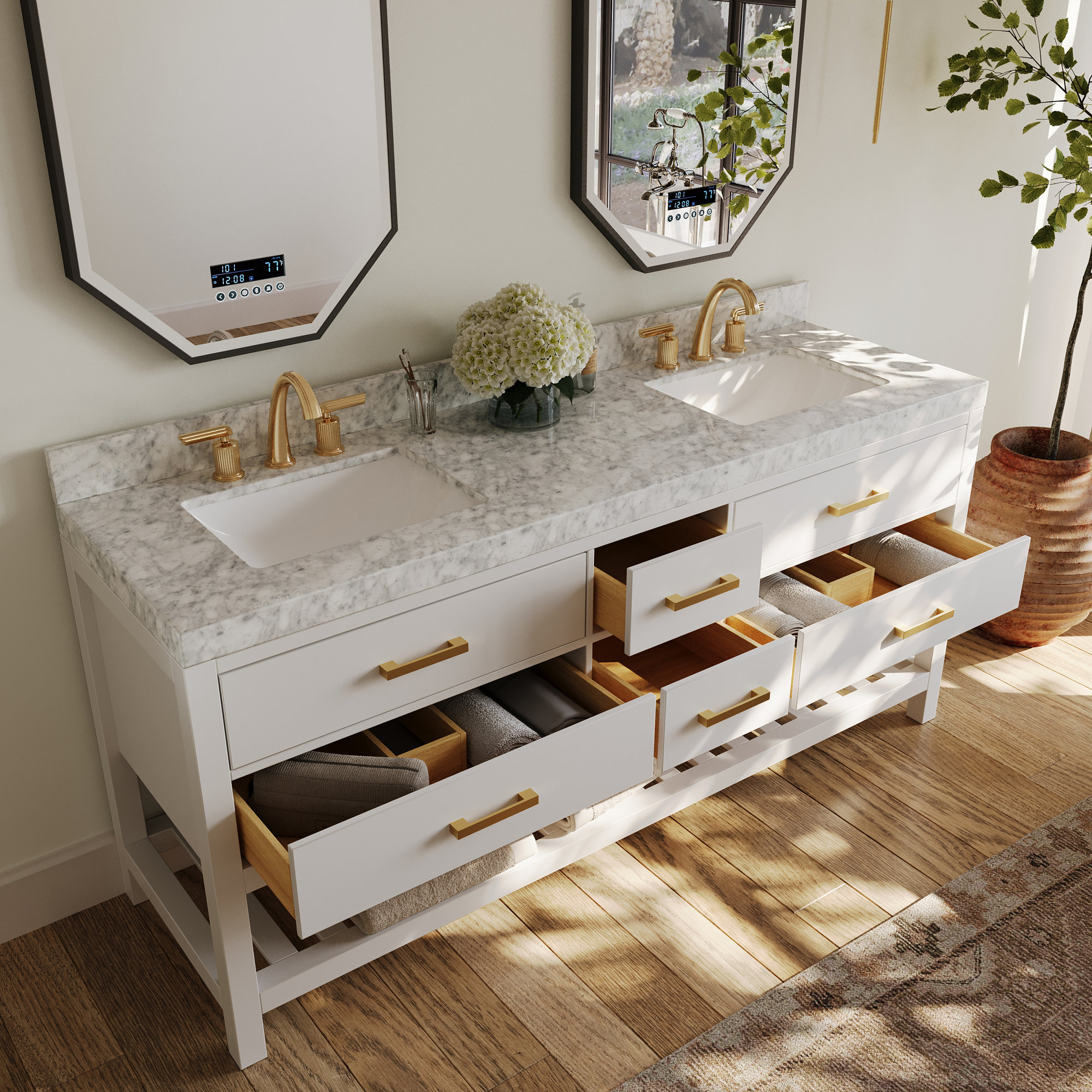 Carrie 72'' Double Bathroom Vanity, White | Brushed Gold