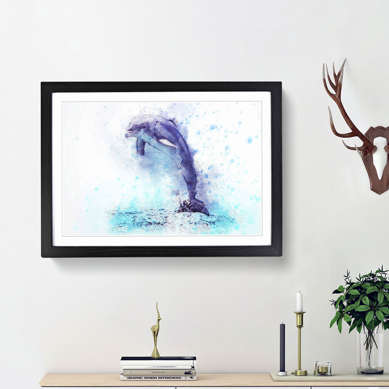 Jumping Dolphin in Abstract - Picture Frame Painting Print, Black Framed, 36cm H x 48cm W x 2cm D