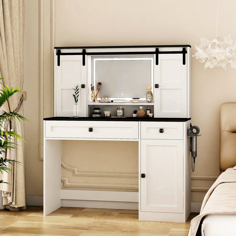 Table de maquillage de 43 po de largeur, avec miroir éclairé et compartiment latéral, meuble-lavabo de chambre blanc, tiroir, table de finition