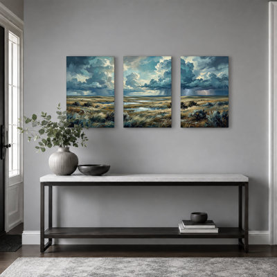 «Blue Storm Clouds Over Grassy Plains with Lightning», ensemble de 3 toiles murales