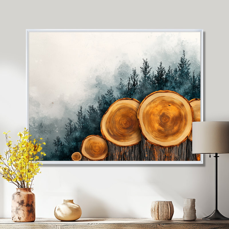 Gomilla Pine Trees on a Top of Wood Slide III - arbres grand art mural, Impression encadrée flottante, H 16 po x l 32 po