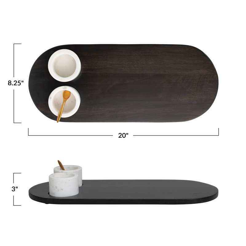Elegant Mango Wood Tray with 2-Piece Marble Bowls and a Gold Finish Stainless Steel Spoon