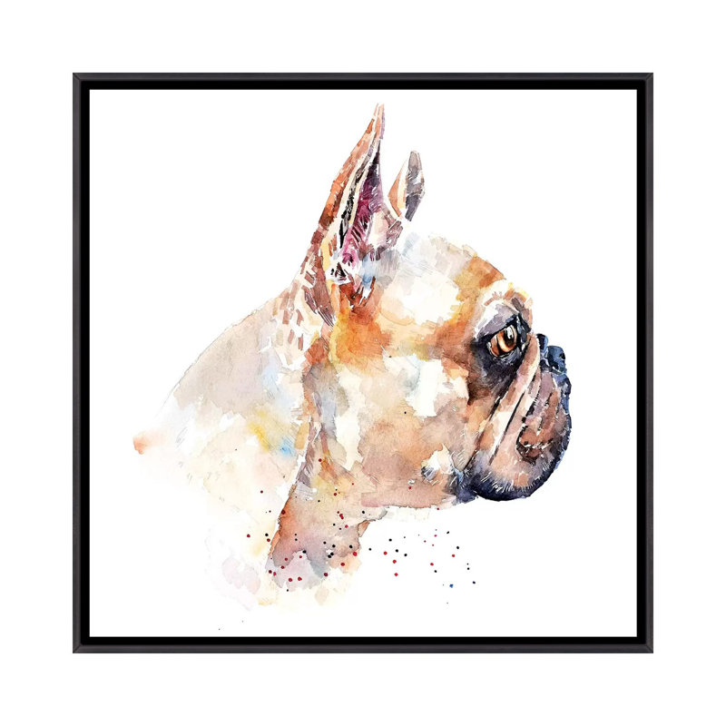Imprimé « Frenchie » par Edwatercolours, H 26 po x l 26 po x P 1,5 po, Toile avec cadre noir patiné, Pas de tapis