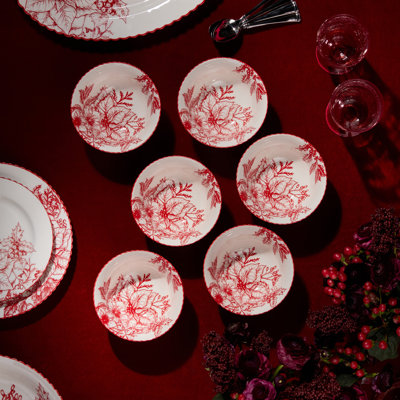 Crimson Noel Set of 6 All Purpose Bowls 4.75in — Six assorted 9-ounce porcelain bowls in bold crimson toile, perfectly scaled for sides, dips, desserts, and small holiday servings.