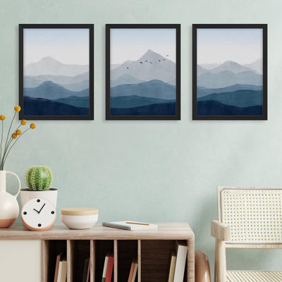 Abstract Landscape " IDEA4WALL Framed Blue Mountain Wall Art, Set Of 3 Range Bird Sky Landscape Wall Decor Prints, Nature Wilderness Wall Décor For Living Room, Bedroom " 3 - Pieces