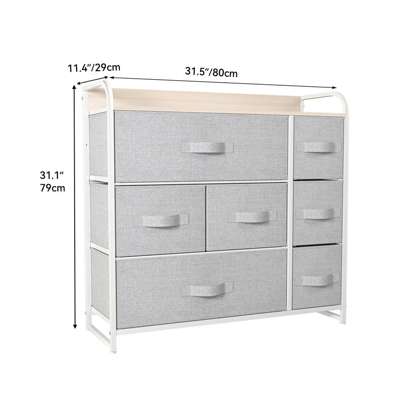 Commode 7 tiroirs H 31,5 po Hajda, Gris pâle