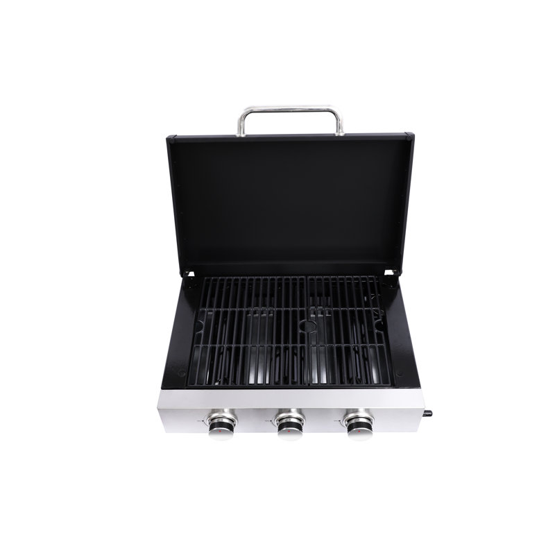 Barbecue au gaz multi-fonctions à 3 brûleurs avec filet en fonte, corps de poêle émaillé à haute température, carter d'huile coulissant, résistance à la température de l'acier inoxydable de 28680 BTU, +, 28650 BTU