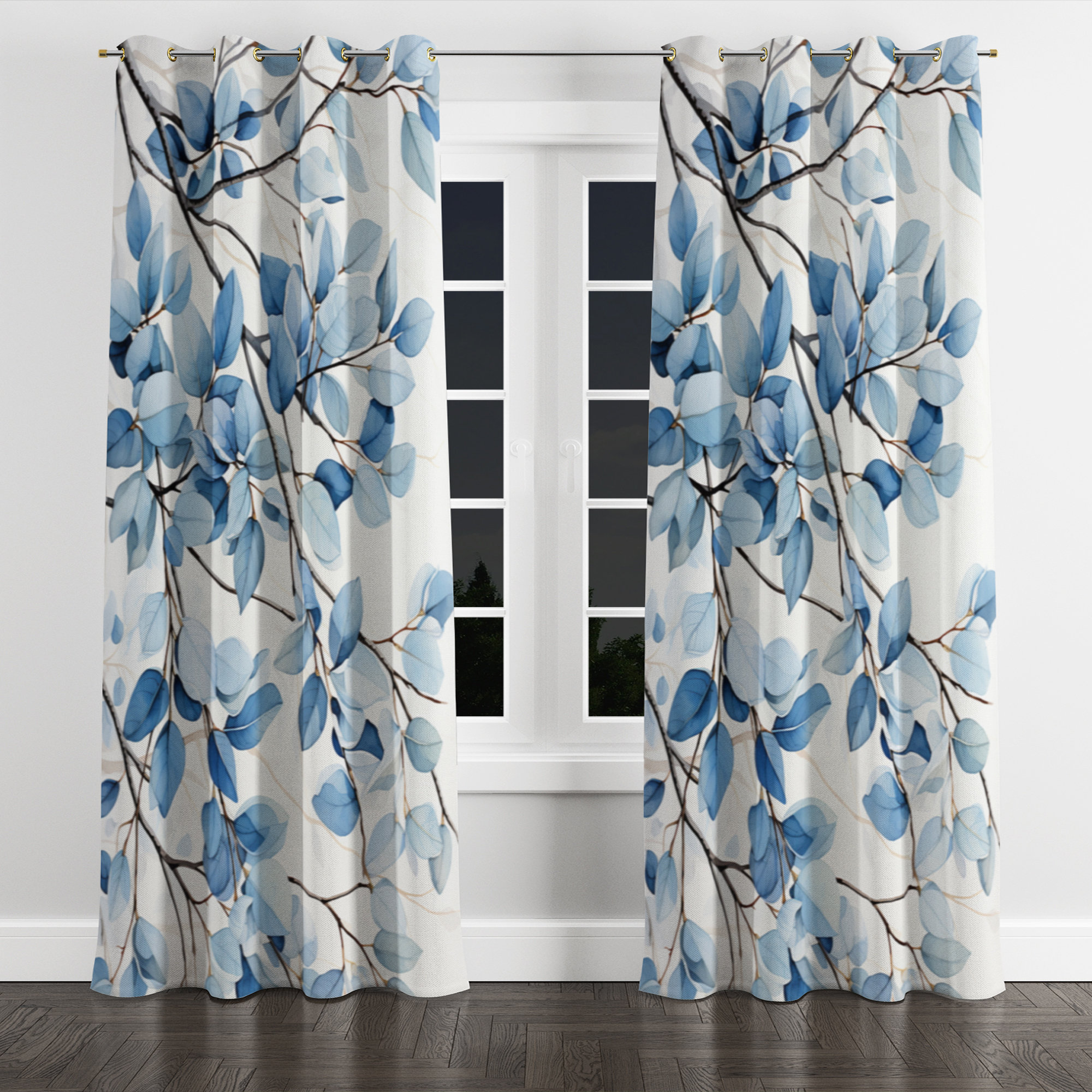 East Urban Home Blue And Grey Leave Bloom - Traditional Blackout