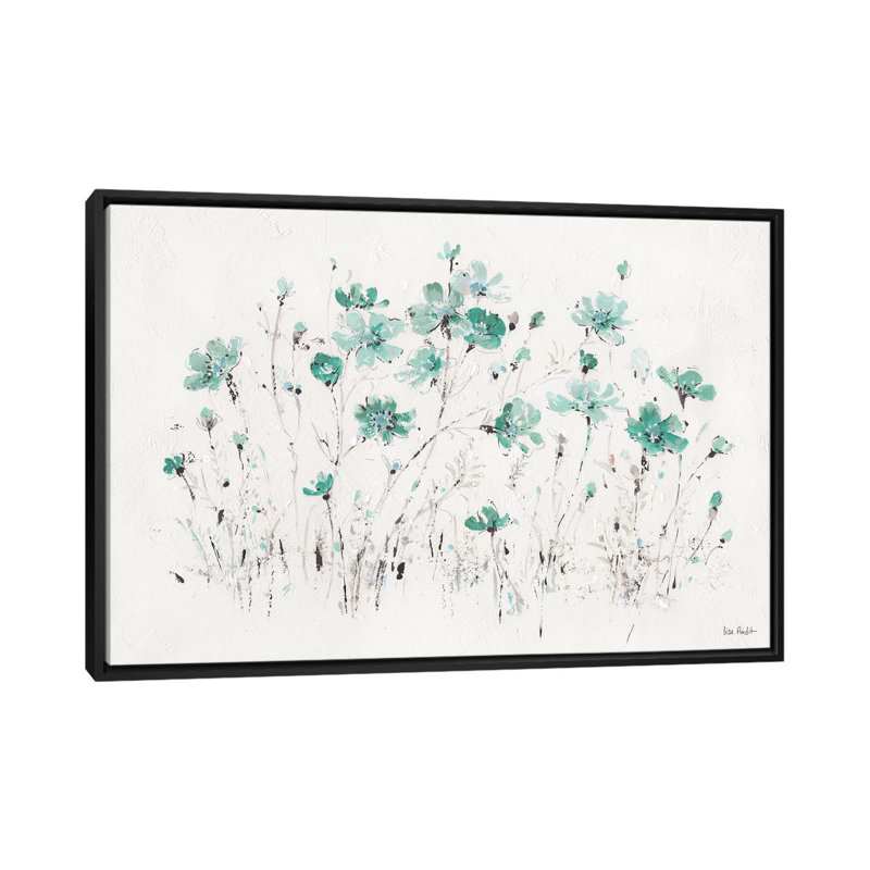 «Wildflowers Turquoise I», impression sur toile, H 18 po x l 26 po x P 1,5 po, Toile avec cadre noir, Pas de tapis