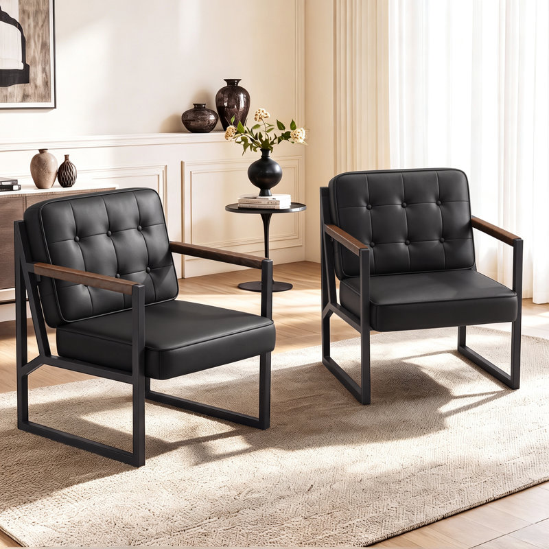 Modern Faux Leather Tufted Back Accent Chair with Metal Frame, Black Faux Leather