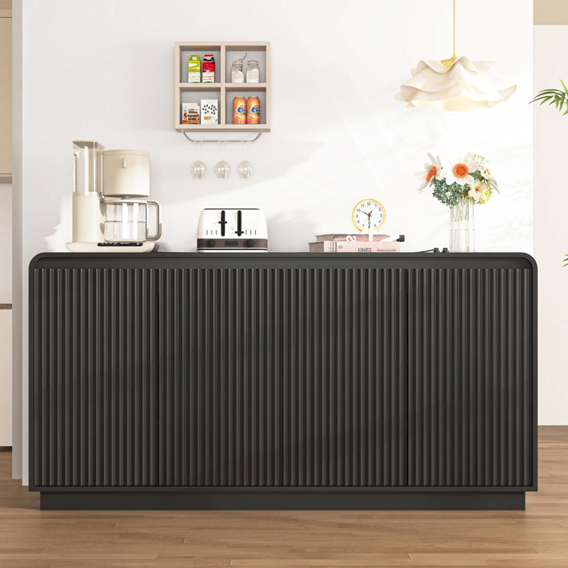 Black 4-Door Fluted TV Stand With Power Outlet, Handleless Wave Design Entertainment Center, Adjustable 3-Tier Particle Board Storage Cabinet, Multi-Functional Media Console & Buffet Sideboard