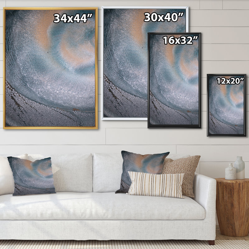 Reproduction d'art sur toile de luxe gris et bleu fluide II, H 30 po x l 40 po x P 1,5 po, Cadre flottant brun