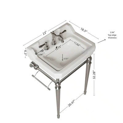 Évier de console de salle de bain 23 po, meuble-lavabo mural en céramique blanche avec 3 trous pré-percés, pieds de support autoportants en acier inoxydable avec barre à serviettes, sans couvercle ni couvercle de lavabo, couleur or