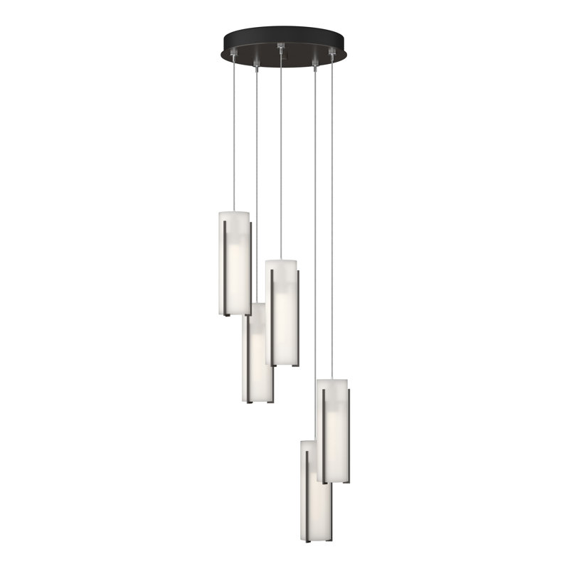 Luminaire suspendu cylindrique à 5 lumières Exos, Standard: 13 po à 80 po, Verre opale, Bronze huilé