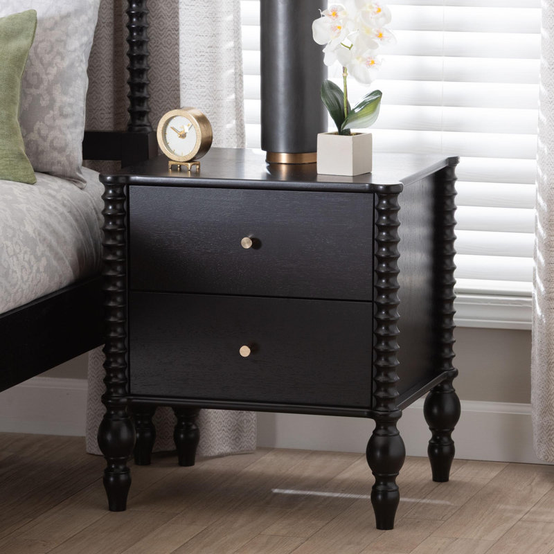 Table de chevet à 2 tiroirs Baxton Studio Rockwell Spindle, Noir