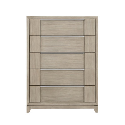 Commode haute 5 tiroirs gris clair avec commode de rangement moderne en placage de frêne avec poignées en métal étain