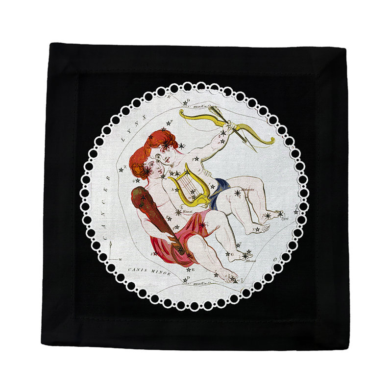 Zodiac Gemini Cotton Sateen Cocktail Napkins, Black