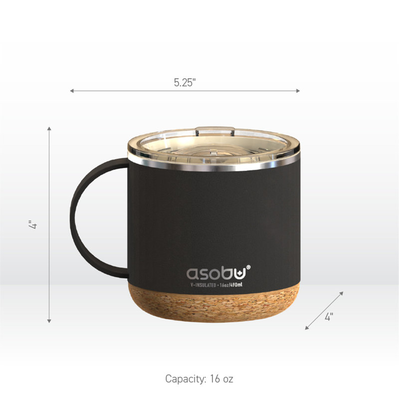 Asobu 470ml Double Wall Insulated Stainless Steel Travel Mug with Straw, Black