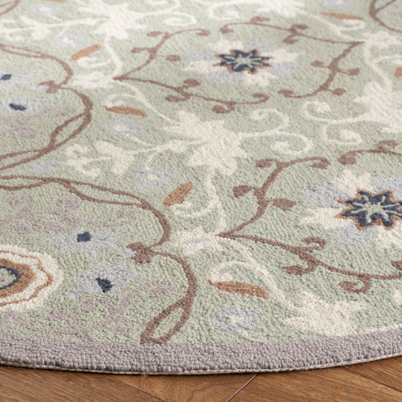 Helena Floral Handmade Hooked Wool Green Area Rug, Rectangle 3'9" x 5'9"