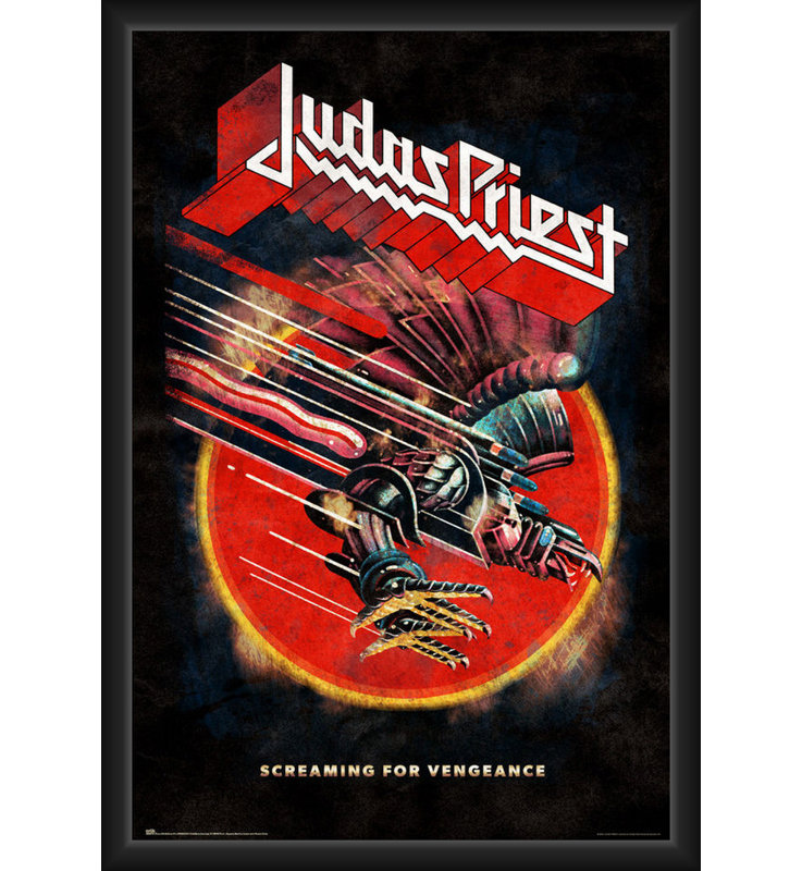 ACHETER DE L'ART POUR MOINS Sous licence officielle de Judas Priest - Screaming For Justice - affiche d'art encadrée - 24 x 36 po - Cadre en bois d'ingénierie robuste avec verre plexi - prêt à être accroché