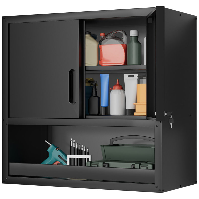 Armoire de rangement murale en métal avec tablette ajustable et porte-outils durable 29,5 po Mak Peace, Noir